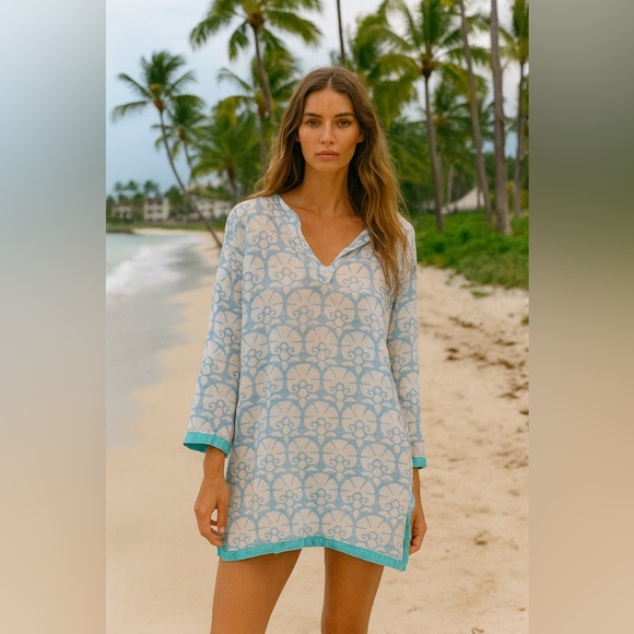 Oliphant Lightweight Tunic Top Dress Coverup Vneck Dusty Blue Aqua White Size M - Picture 1 of 9